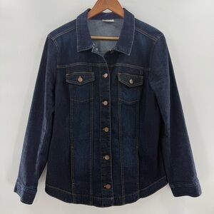 J. Jill Denim Curved Hem Dark Wash Button Front Jean Jacket Size Medium